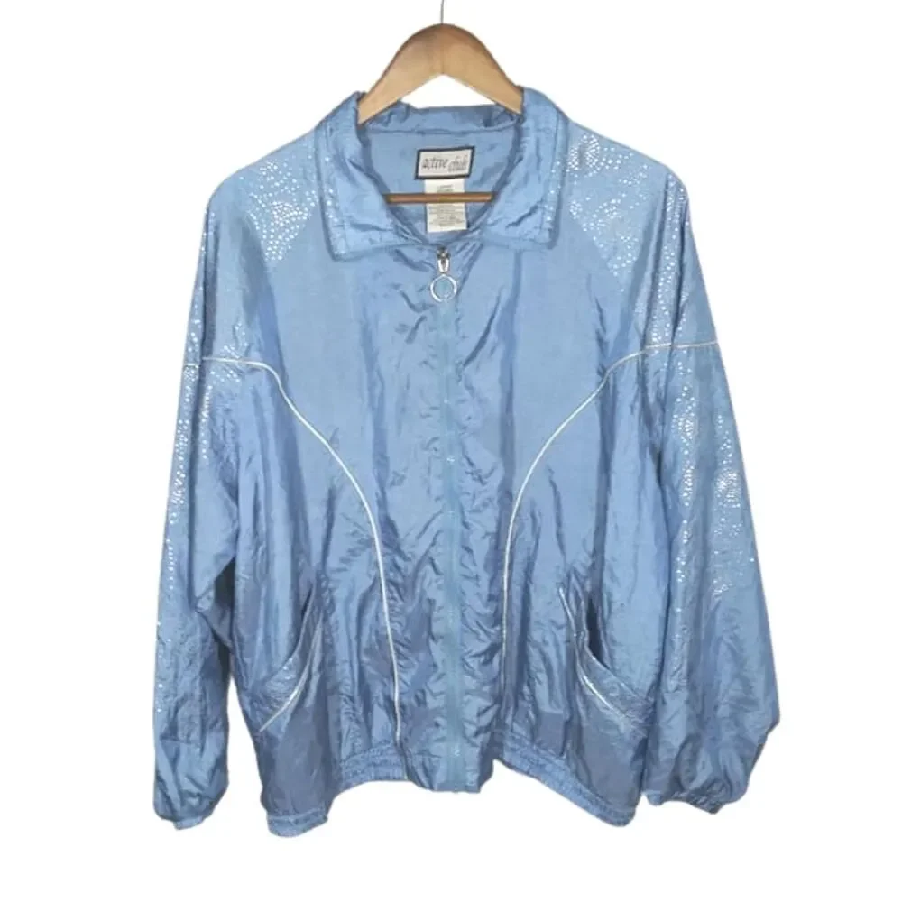 Vintage Active Club Blue Silver Circle Print Grandma Core Windbreaker Sz Large